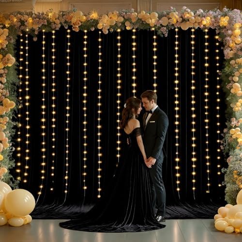 10 x 10ft Black Backdrop Curtains with Lights String for Party - Image 2