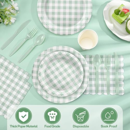 NatNarr Sage Green Gingham Party Supplies Set, 175 Pcs, Serves 25 - Image 4