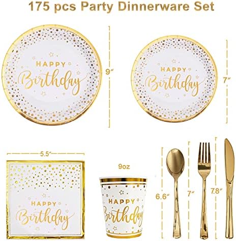 175PCS Happy Birthday Plates and Napkins Party Supplies, Gold Dot Paper Plates and Napkins with Gold Plastic Forks Knives Spoons Serve 25 Guests for Birthday Party Decorations - Image 2