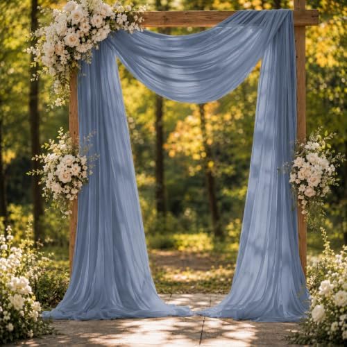 Dusty Blue Wedding Arch Draping Fabric Sheer Curtain Drapes 3 Panels | 20 ft Extra Long Shimmery Backdrop Curtains for Wedding Anniversary Party Summer Outdoor Events Drapery Photo Background - Image 3