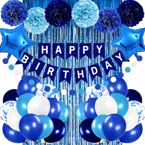 Blue Birthday Party Decorations for Boys Men Happy Birthday Banner Balloons Navy Royal Light Blue Pom Poms Foil Curtain Décor Party Decorations for Baby Boy by Iysoll