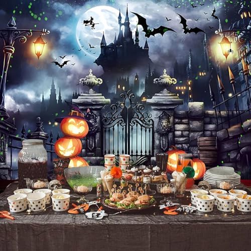 Halloween Castle Backdrop Stacked Pumpkins Lantern Iron Gate Vintage Vampire Street Lamp Flying Witch Bats Magic Full Moon Photography Background Photo Booth Studio Props 5x4ft - Image 3