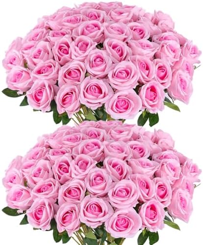 Hananona 50 Pcs Artificial Roses, Realistic Silk Pink Flowers Bulk by HANANONA