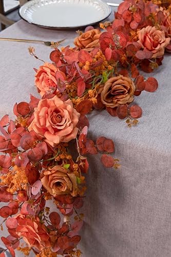 Anna's Whimsy 5.91FT Artificial Eucalyptus Garland with Flowers, Fall Decor Fake Rose Gypsophila Garland, Fall Flower Faux Floral Garlands for Wedding Home Party Table Runner(Orange, 1) - Image 4