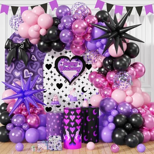 Pink and Purple Balloon Garland Arch Kit, Black Purple Pink Metallic Confetti Latex Party Balloons with Explosion Star Foil Balloon for Girls Bridal Baby Shower Wedding Birthday Party Decorations by Paeyeq