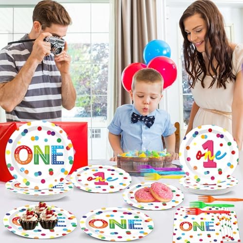 CHUNNIN 96pcs Rainbow 1st Birthday Plates and Napkins Confetti Happy Birthday Party Decorations with Polka Dot Confetti Dessert Plates Colorful 1st Tableware for 24 Guests 1 Year Old Party Supplies - Image 6