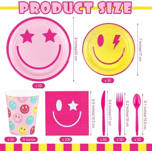 Kochorie 400 Pieces Preppy Smiley Face Party Tableware Set Paper Smile Face Plates Napkins Paper Cups Cutlery for Preppy Birthday Party Decorations Baby Shower Decor, Serve 50 Guest - Image 2