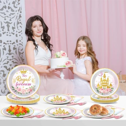 CHUNNIN 96Pcs Princess 5th Birthday Plates and Napkins Her Royal Fiveness Decorations Princess Party Dessert Plates Rainbow Castle Tableware for 24 Guests 5th Theme Girl Baby Shower Party Supplies - Image 6