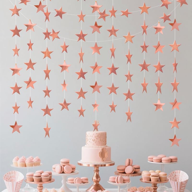 Rose Gold Shining Star Hanging Garland Rose Gold Hanging Sparkling Star Streamer Glitter Bunting Banner Twinkle Backdrop for Wedding Baby Shower Birthday Christmas Decorations 40 Feet - Image 2