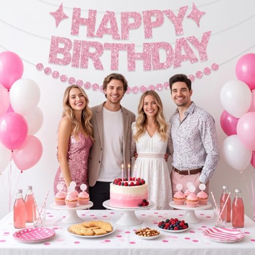 BEISHIDA Pre-Strung Glitter Pink Happy Birthday Banner Party Decoration - Image 6