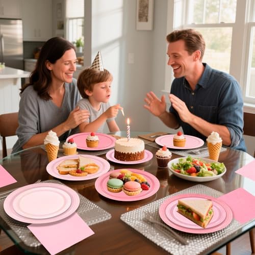 180Pcs Pink Party Supplies Paper Plates and Napkins Serve 60 - Image 7