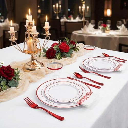 WELLIFE 700 Pcs Red Plastic Plates for 100 Guests - Plastic Dinnerware Set,Party Supplies Includes 200 Red Disposable Plates,300 Silverware,100 Napkins,100 Cups,Valentines Plates - Image 4