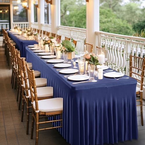 Wish Care 2 Pack Navy Blue Spandex Table Clothes for 8 Foot Rectangle Tables, 8FT Wrinkle Free Fitted Tablecloths Ruffles Design Table Cover for Party, Banquet, Wedding and Events - Image 5