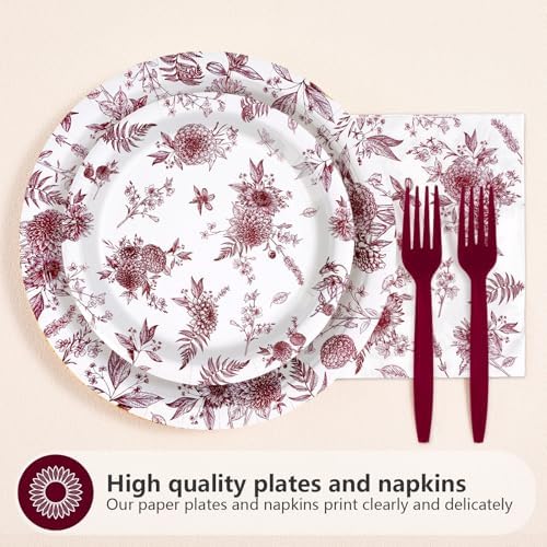 96 Pcs Red Burgundy Floral Party Decorations, Serves 24 - Image 2