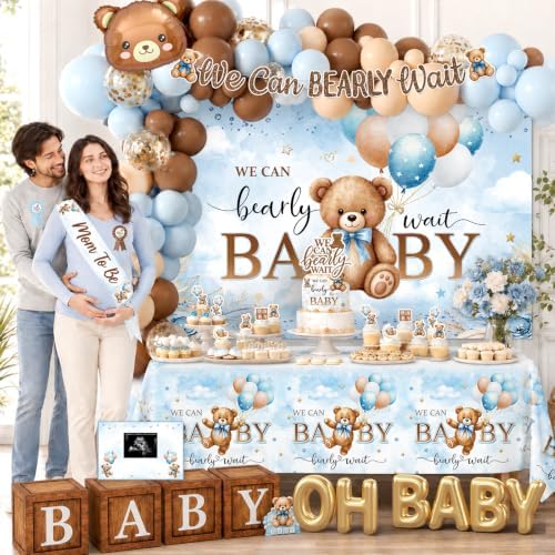 Blue Bear Baby Shower Decorations - 259Pcs Bear Themed Tableware Balloon Arch Kit for Baby Shower Boy - Image 6