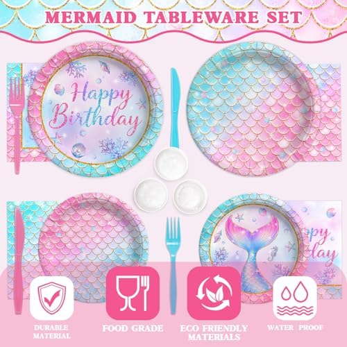 202 Pcs Mermaid Birthday Party Decorations (Serves 24), Mermaid Party Supplies Include Banner Hanging Plates Napkins Cups Forks Knifes Tablecloth Topper Balloons and Sash for Baby Shower - Image 4