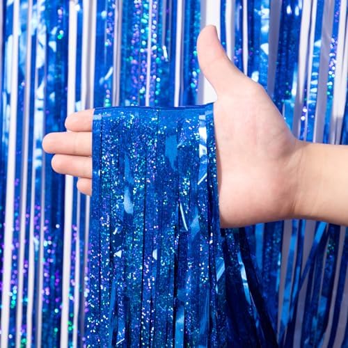 Voircoloria Laser Blue Foil Fringe Backdrop Curtains, 3.3x8.2ft, 3 Pack - Image 2