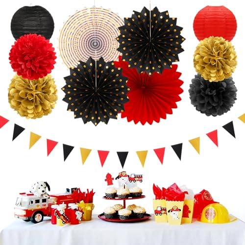 Red-Black Gold Casino Theme Party-Decorations - 20pcs Game Night Paper Lanterns Fans,Tissue Pom Poms,Honeycomb Balls,Bunting,Birthday Graduation Wedding Bridal Baby Shower Decor Burgleda - Image 5