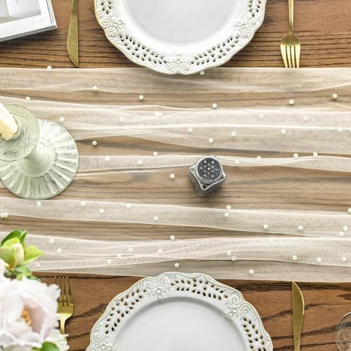 Artoid Mode Pearl Beige Gauze Table Runner 10FT Home Decor - Image 5