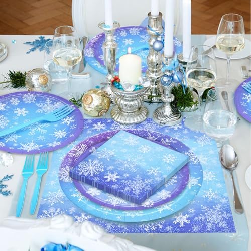 96 Pieces Snowflake Winter Party Supplies Set - Blue White Snowflake Design Disposable Tableware with Paper Plates, Napkins, Forks for Christmas, Winter Wonderland, Frozen-Themed Birthday Decorations - Image 5