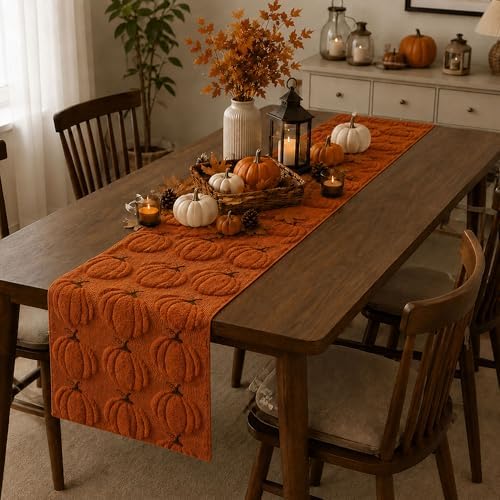 Fall Table Runner 13x108 Inch Soft Plush Faux Fur Jacquard Rust Pumpkin Table Runner, Seasonal Autumn Kitchen Dining Table Decoration for Home Party Decor ZR010B108 - Image 4