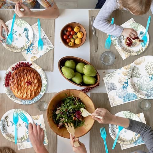 96Pcs Ocean Seashell Coastal Beach Starfish Coral Party Plates Supplies Tableware Decorations Disposable Paper Plates Napkins Forks for Birthday Summer Baby Shower, Serves 24 - Image 5