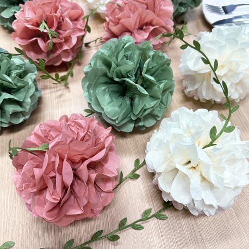 Sage Green Dusty Rose Pink Beige Tissue Paper Flowers Pom Pom with Leaf Ribbon Hanging Garland Streamer for Girl Safari Woodland Jungle Birthday Wedding Shower Garden Party Decorations Supplies - Image 5