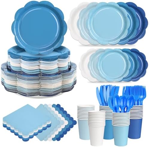 350 Pcs Blue Party Supplies Set - Blue Paper Plates and Napkins Set Include Gradient Blue Scalloped Paper Plate Napkin Cup Spoon Fork Knife for Birthday, Baby Shower, Wedding Forest Events by Unknown