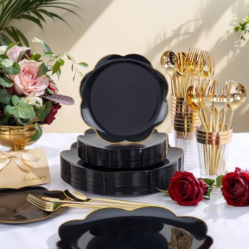 ejonirinjonir 180pcs Double Gold Rim Black Plastic Plates for Birthday - Image 5