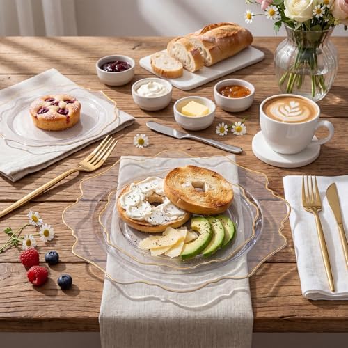 WDF 350Pcs Clear and Gold Plastic Plates - Heavy Duty Clear Plates Disposable - Gold Dinnerware Sets of 100 Plastic Plate 150Silverware 50 Cups 50 Napkins for Wedding/Thanksgiving/Fall/Rosh Hashanah - Image 5