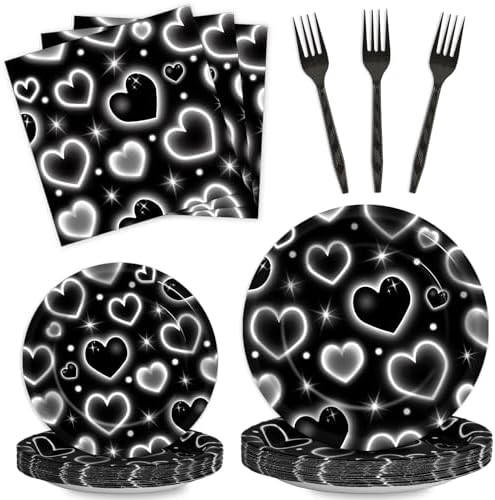 Qyeahkj 100 Pcs 2000s Party Plates Napkins Forks Set Black Heart Tableware Supplies Y2k Theme Birthday Party Decoration Early 2000s Dinnerware Decorations Favors for Birthday Party Serve 25 by Qyeahkj