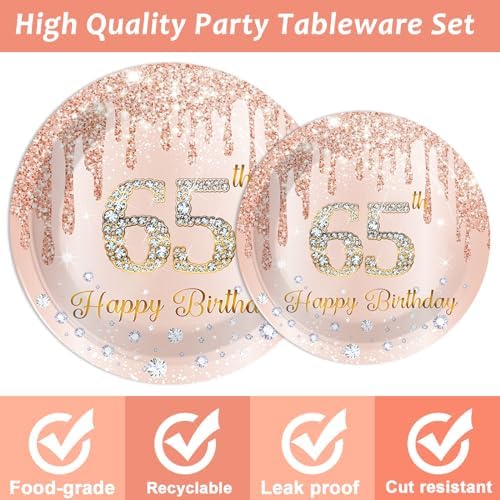 CHUNNIN 96Pcs 65th Birthday Decorations Pink Rose Gold Paper Plates Napkins Forks Set 65 Year Old Tableware Party Supplies Disposable Rose Gold Dinnerware Table Decor Favors for Women Serves 24 - Image 3