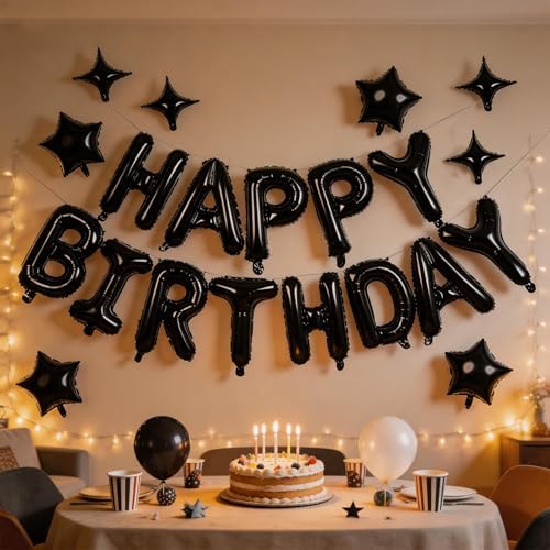 Black Happy Birthday Balloons Banner 16 Inch Mylar Foil Letters, 10 Inch Five & Four Star, Inflatable Party Decor and Birthday Decorations for Women, Men, Boys & Girls Kids and Adults, Party Supplies - Image 2