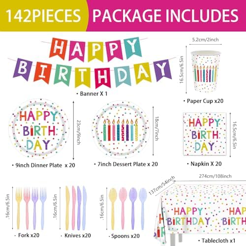 142pcs Happy Birthday Party Supplies Set with Colorful Polka Dots Design- Includes Disposable Paper Birthday Plates and Napkins, Cups, Tablecloth, and Banner，Dots Party Supplies Serves 20 Guests - Image 2