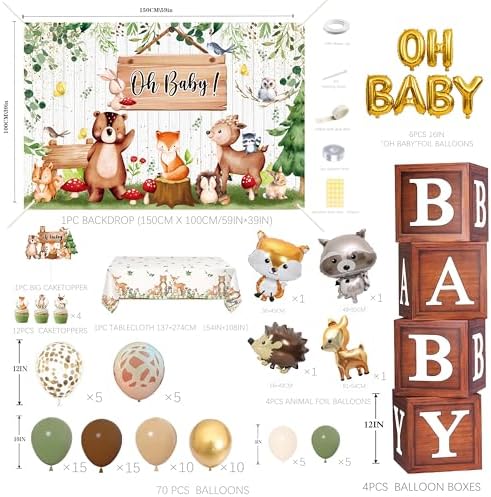 Woodland Baby Shower Decorations Neutral - Forest Animals Party Supplies Include Balloon Garland Arch, Oh Baby Backdrop, 4 Wood Grain Boxes, Fox Deer Raccoon Foil Balloons - Sage Green Gold - Image 2