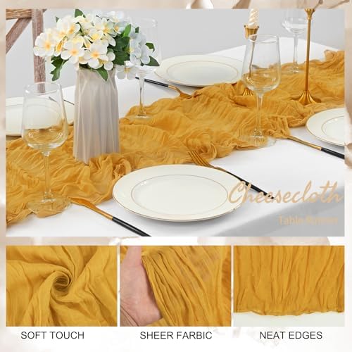 20 Pack Mustard 10FT Cheesecloth Table Runner Rustic Gauze Fabric Cheese Cloth Table Runner for Wedding Bridal Baby Shower Table Decor Boho Sheer Birthday Party Table Decorations 20 x 120 Inch Long - Image 3