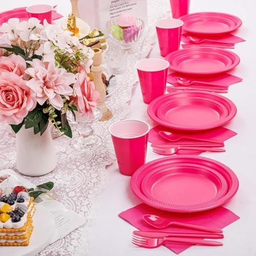 WELLIFE 210Pcs Hot Pink Plastic Plates, Pink Disposable Plates for Party - Image 6