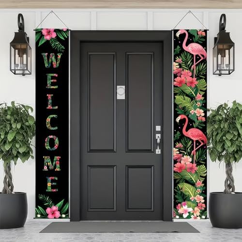 BlissYard 2pcs Black Pink Flamingo Door Banner Summer Hawaiian Porch Banners Sign Sunshine Hibiscus Floral Front Door Hanging Decor Banner for Seasonal Home Hawaii Tropical Party Outdoor Decorations - Image 3