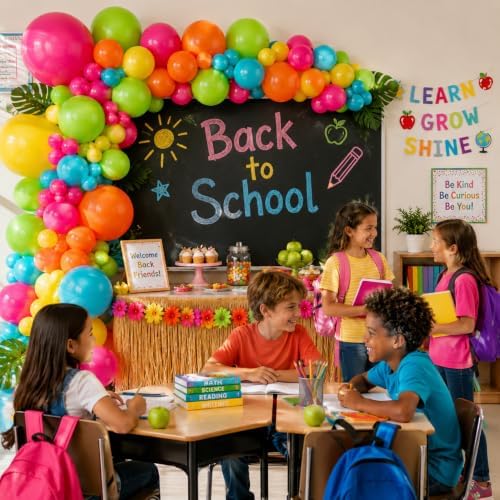 141 Pcs Rainbow Neon Balloon Arch Kit, Hot Pink Lime Green Orange Slate Blue Yellow End of Summer Tropical Balloon Garland for Hawaiian Luau Aloha Birthday Pool Back to School Party Decorations - Image 4