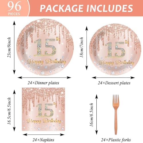 96Pcs 15th Birthday Party Plates and Napkins for 15 Year Old Birthday Party Supplies Rose Gold Paper Dessert Plates 15th Birthday Tableware Set for Girls Women 24 Guests Party Decorations - Image 2