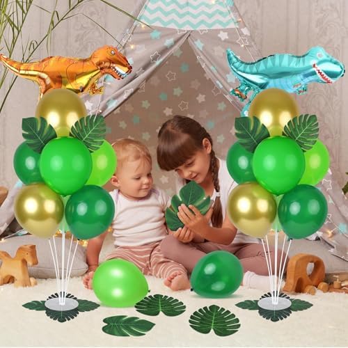 6 Sets Jungle Safari Balloon Stand Kit for Table Gold Green Balloons Dinosaur Party Tables Centerpiece with Palm Leaves for Animal Wild One Birthday Baby Shower St Patricks Day Party Supplies - Image 6