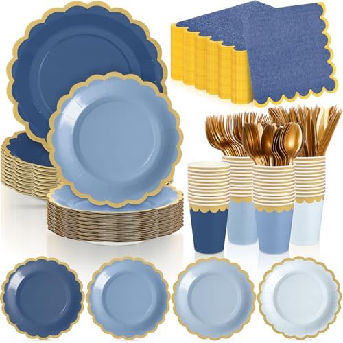 Mimorou 338 Pcs Dusty Blue Plates Napkins Cups Flatware Set by Unknown