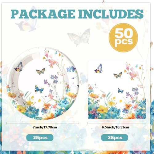 50pcs Wildflower Paper Plates and Napkins Party Decorations, 7inch Watercolor Floral Paper Plate Tableware for Spring Summer Birthday Baby/Bridal Shower Picnic Wedding Girl Tea Party Supplies - Image 3