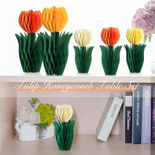 SUNBEAUTY 8PCS Flower Honeycomb Decoration Spring Decorations for Office Spring Table Decor Tulip Honeycomb Flower Mother's Day Decoration Orange Tulip Decor Spring Decor Tulips Table Centerpieces - Image 4