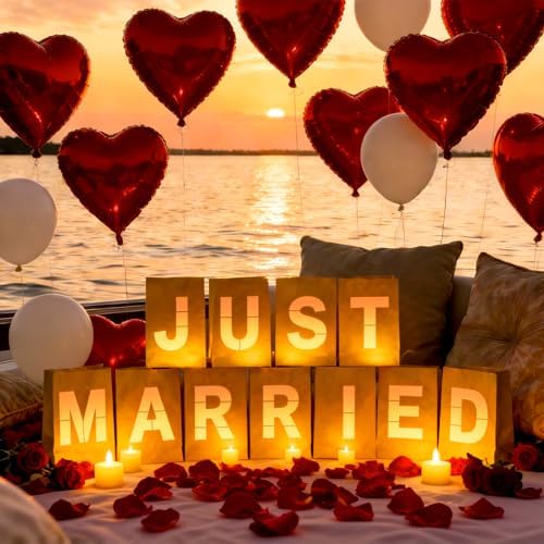 Just Married Light Up Letters, Include Light up Letters, with Tea Lights Candles, Latex Balloons, Aluminum Balloons and Rose Petals, Luminary Paper Bags for Just Married Banner and Decorations - Image 5