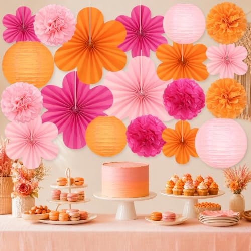19 Pcs Pink Orange Party Decorations, Hanging Paper Lanterns, Paper Flowers Fans, Tissue Pom Poms, Floral Backdrop Wall Decor for Groovy Birthday Sunset Fall Bridal Shower Wedding Classroom - Image 6