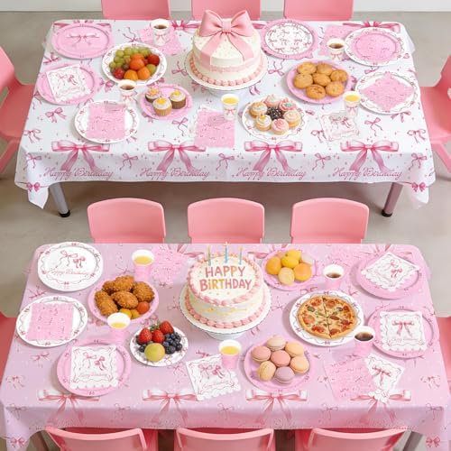 Pink Bow Happy Birthday Decorations Set for 24: Bachelorette Party Supplies Kit with Dinner & Dessert Plates, Napkins, Cups, Banner, Tablecloth - for Women's Tea Birthday Party Decorations - Image 7