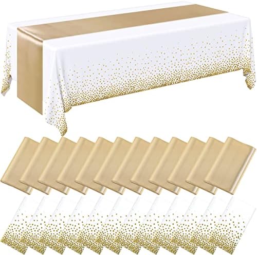 Breling 24 Pack White and Gold Disposable Tablecloths and Table Runner Set by Breling