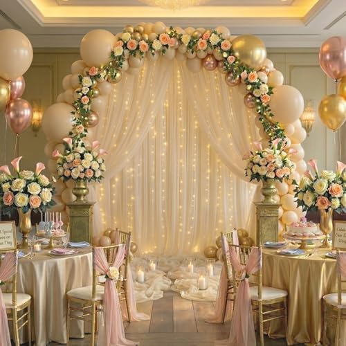 20 FT x 8 FT Champagne Backdrop Curtain - Tulle Backdrop Curtain with 9.8FT Lights String - Sheer Backdrop Curtains with 4 Inch Rod Pockets for Birthday Weddings Baby Shower Party Decorations - Image 5