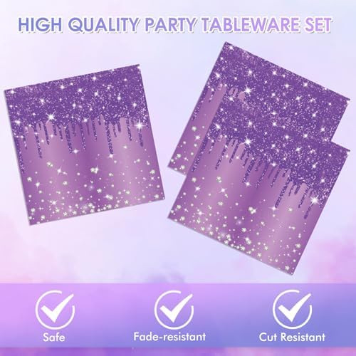 40 PCS Purple Birthday Decorations - Includes 20 Paper Plates and 20 Napkins Purple Silver Glitter Party Supplies for Girl Women’s 21st 30th 40th 50th 60th 70th 75th 80th Birthday,Serves 20 - Image 3
